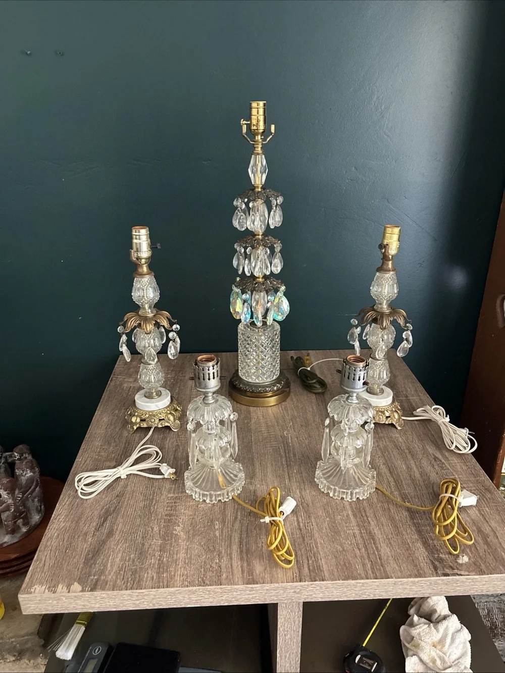 5 MCM HOLLYWOOD REGENCY TABLE LAMPS MARBLE BASE  CRYSTAL PRISMS